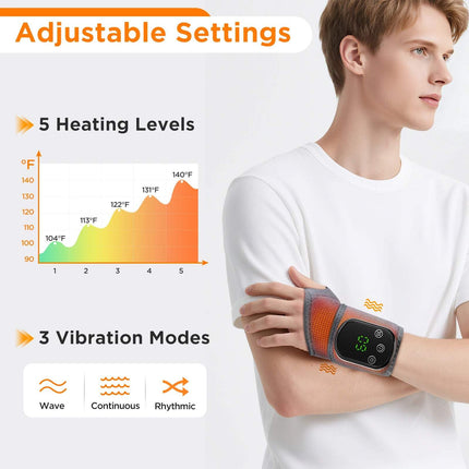 Ankle Heater and Vibrator showing adjustable settings with 5 heating levels and 3 vibration modes.
