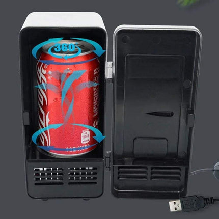 Mini USB Fridge for Beverages & Cans showing a can inside, designed for cooling and warming drinks on the go. - Astoria Lifestyle