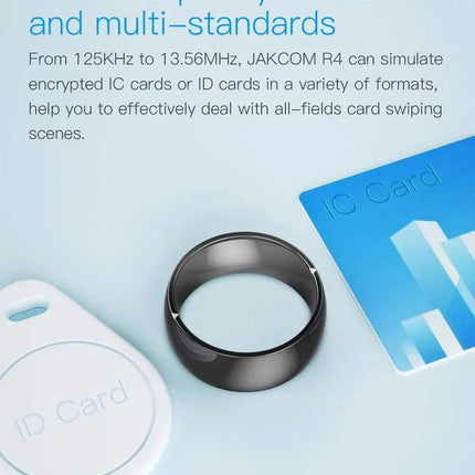 Jakcom R4 Smart Ring showcasing multi-frequency bands and card simulation features in a sleek design.