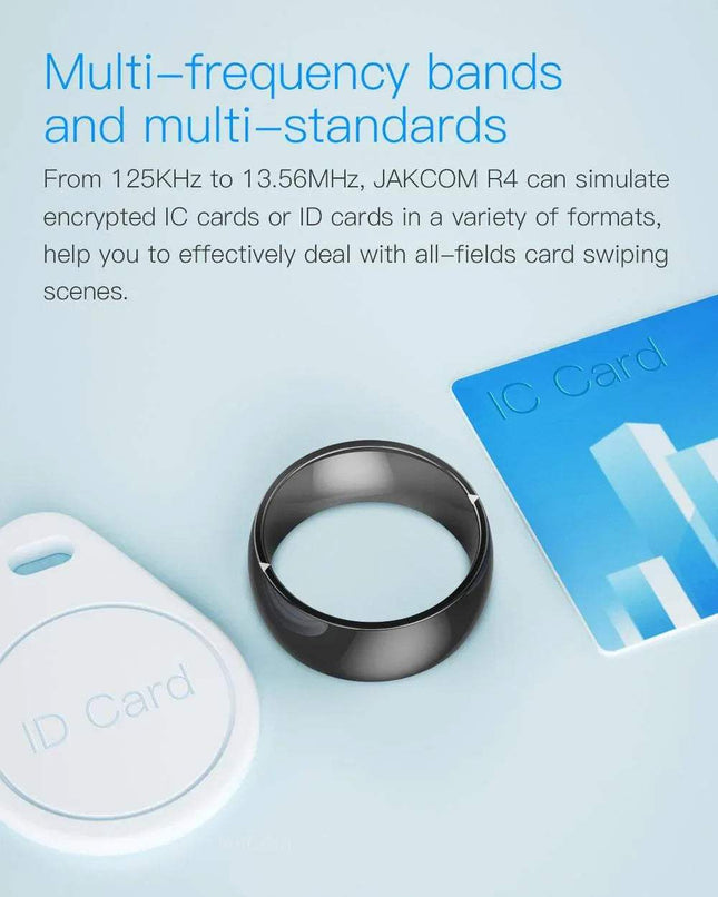 Jakcom R4 Smart Ring showcasing multi-frequency bands and card simulation features in a sleek design.