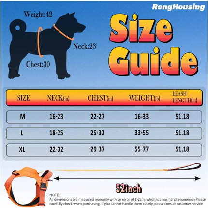 Size guide for Dog Harness and Automatic Retractable Leash Kit with measurements and dimensions for different sizes.