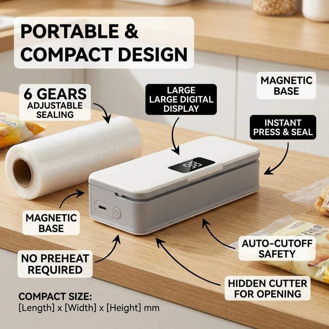 Kitchen Bag Sealer features portable and compact design with adjustable sealing and large digital display.