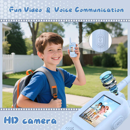 A happy boy using Kids Video Walkie Talkies for fun video and voice communication outdoors. Astoria Lifestyle