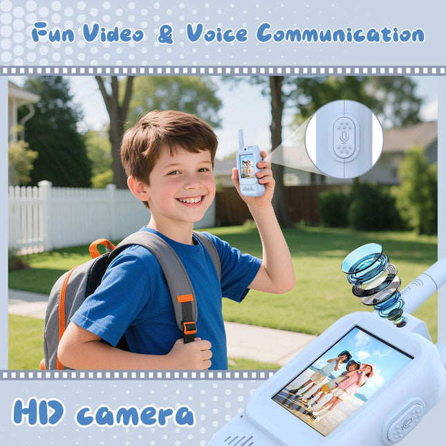 A happy boy using Kids Video Walkie Talkies for fun video and voice communication outdoors. Astoria Lifestyle
