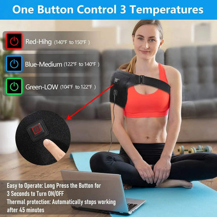 Woman using USB Heated Shoulder Brace Rotator Cuff with one button control for pain relief and heat therapy.