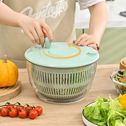 Person using 7-Piece Multifunction Salad Spinner Set for washing and drying vegetables in a modern kitchen. Astoria Lifestyle