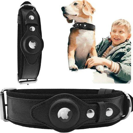 Leather AirTag Dog Collar with Apple AirTag holder, stylish design for dog safety and tracking.