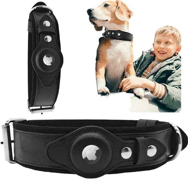 Leather AirTag Dog Collar with Apple AirTag holder, stylish design for dog safety and tracking.