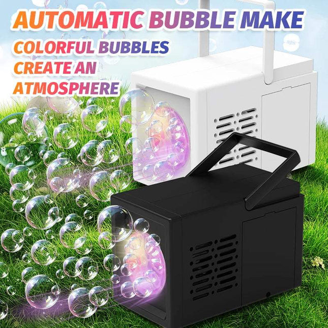 Automatic 10 Hole Bubble Blower creating colorful bubbles in a playful outdoor atmosphere. Astoria Lifestyle