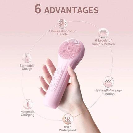 Sonic Waterproof Facial Cleansing Brush showcasing its 6 advantages: shock-absorption handle, magnetic charging, and IPX7 waterproof.