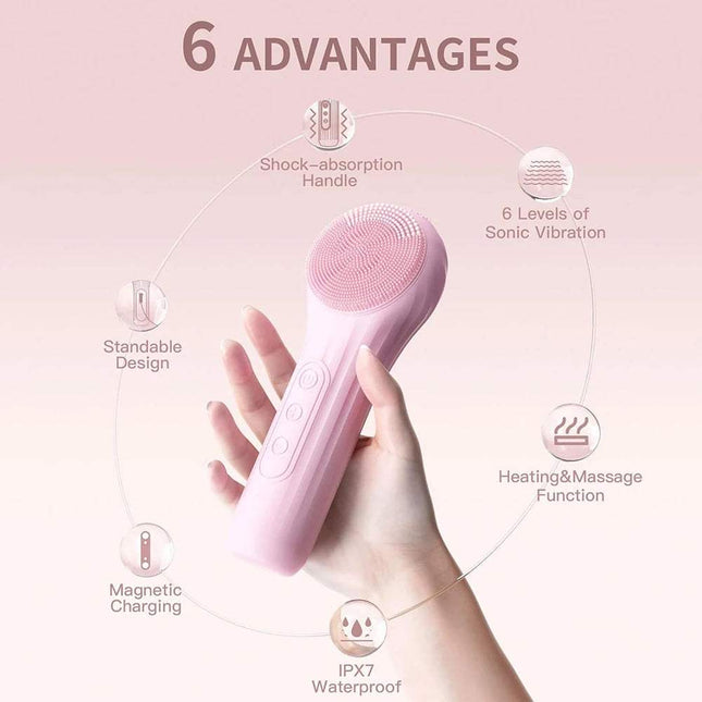 Sonic Waterproof Facial Cleansing Brush showcasing its 6 advantages: shock-absorption handle, magnetic charging, and IPX7 waterproof.