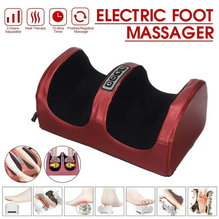 Electric Kneading Foot Massager with features listed on a white background