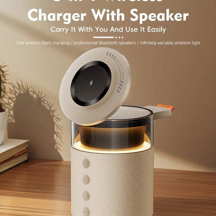 5-in-1 Magnetic Wireless Charging Station with Bluetooth speaker and ambient light design.