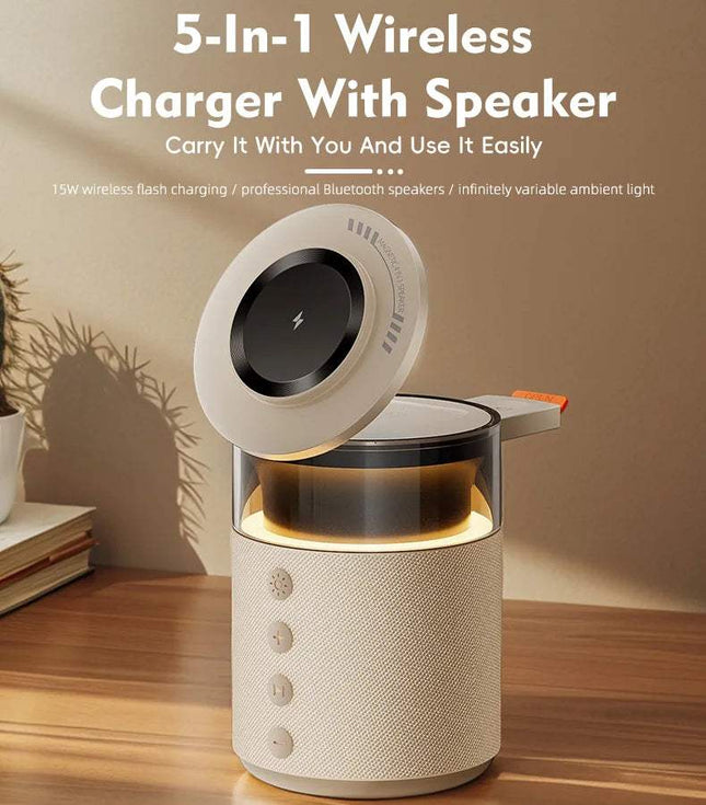 5-in-1 Magnetic Wireless Charging Station with Bluetooth speaker and ambient light design.