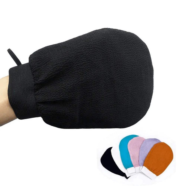 Black 2x Exfoliating Bath Glove held by a hand with color swatches below on a white background
