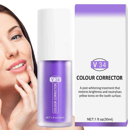 2x Whitening Toothpaste for Deep Stain Removal & Brightening. V34 Colour Corrector with a woman's face on a white background