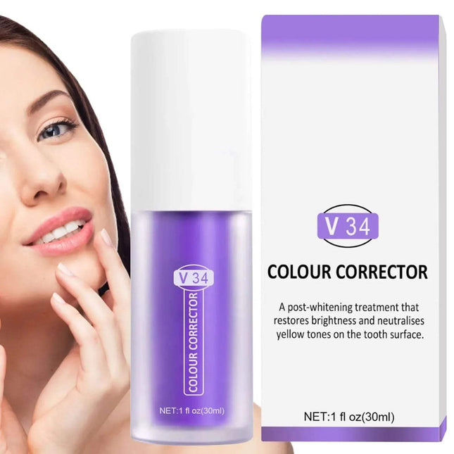 2x Whitening Toothpaste for Deep Stain Removal & Brightening. V34 Colour Corrector with a woman's face on a white background