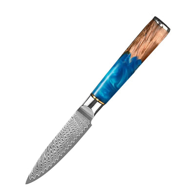 3.5 Inch Paring Knife VG10 Damascus Steel with a wooden and blue resin handle on a white background