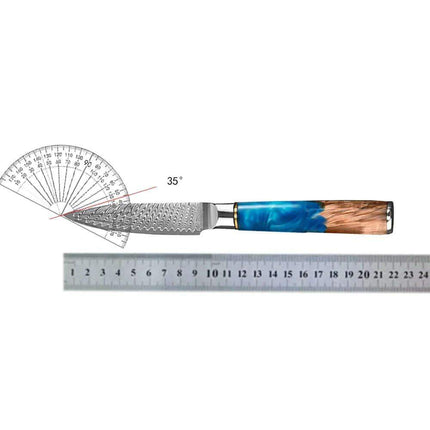 3.5 Inch Paring Knife VG10 Damascus Steel with a blue handle and wooden section, showing measurements on a white background
