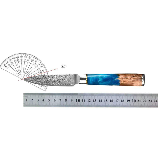 3.5 Inch Paring Knife VG10 Damascus Steel with a blue handle and wooden section, showing measurements on a white background