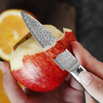 3.5 Inch Paring Knife VG10 Damascus Steel  with a decorative blade cutting into an apple, with a blurred background