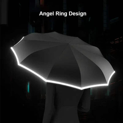 Xiaomi Full Automatic Reverse Umbrella featuring Angel Ring Design with reflective strip in dark setting. - Astoria Lifestyle