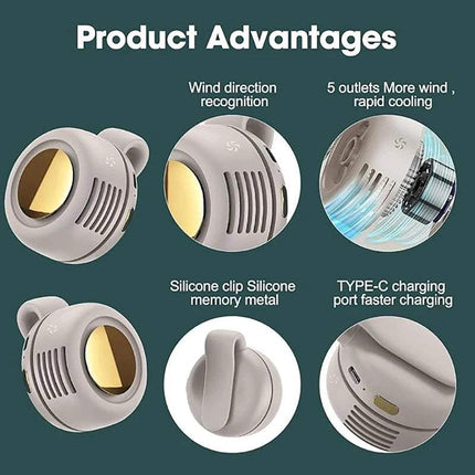 Product advantages of Mini Bladeless Clip-On Portable Fan including wind recognition and rapid cooling features. Astoria Lifestyle