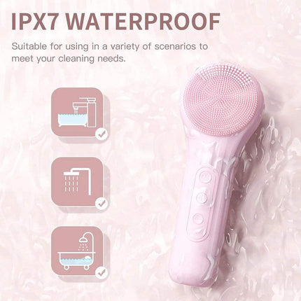 Sonic Waterproof Facial Cleansing Brush shown with IPX7 waterproof features, ideal for various cleaning scenarios.