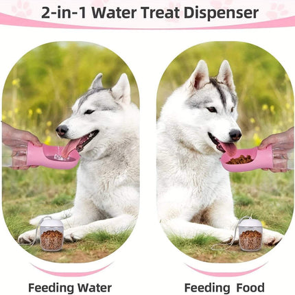 Portable Pet Water Bottle used for feeding water and food to a happy dog outdoors.