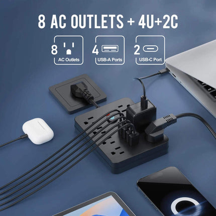 14-in-1 Multifunctional Power Strip with 8 AC outlets, 4 USB-A ports, and 2 USB-C ports connected to devices.
