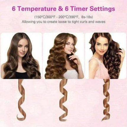 Cordless Hair Curler showcasing 6 temperature and timer settings for versatile loose to tight curls.