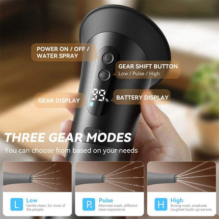 Ear Wax Water Flusher showing control panel with gear modes for effective ear cleaning options.