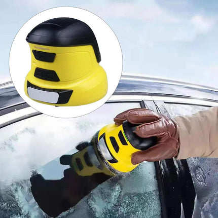 Electric Windshield Scraper in use, featuring rotating disk for quick and effortless ice removal from car windshield.