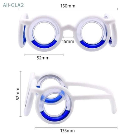Glasses Against Motion Sickness, unique lens-free design, dimensions 150mm x 52mm, liquid-filled rings for travel discomfort relief.