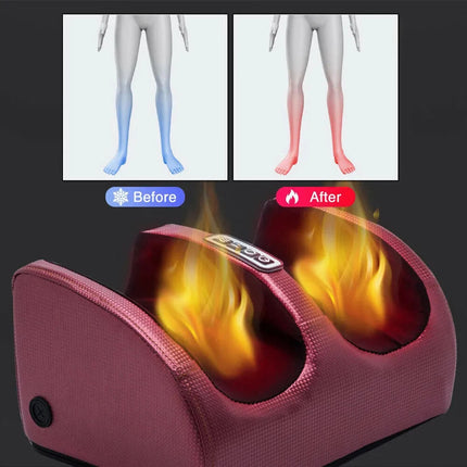 Electric Kneading Foot Massager with flames labeled 'Before' and 'After' on a dark background.