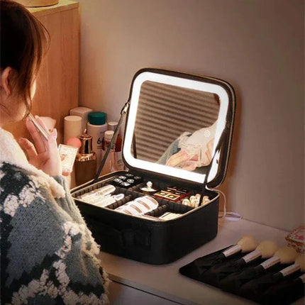 Cosmetic Bag with LED Light & Full-Screen Mirror showcasing makeup organization and illuminated mirror for beauty routines.