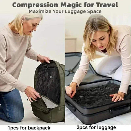 17L Vacuum Compression Bag Magic for Travel showcasing 1 piece for backpack and 2 pieces for luggage space-saving solutions.
