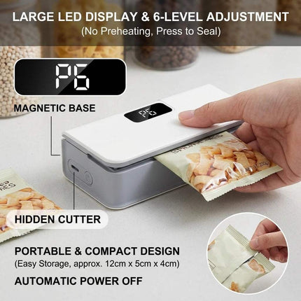 Kitchen Bag Sealer 2-in-1 with large LED display and hidden cutter, perfect for sealing snack bags.