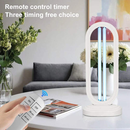 UVC Light Sanitizer with Remote Control sanitizing a room, featuring a timer and disinfecting ultraviolet light.