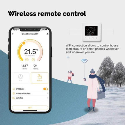 Wifi Smart Thermostat app interface showing wireless remote control of home temperature settings.