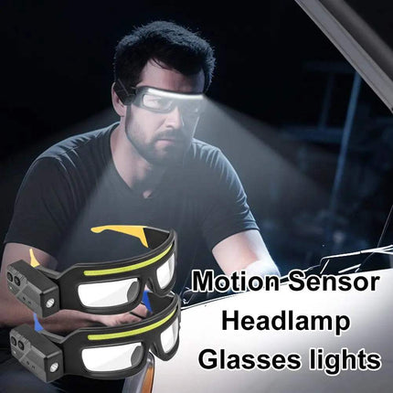 LED Headlamp Glasses illuminating a man's work area with motion-sensor technology and bright light.