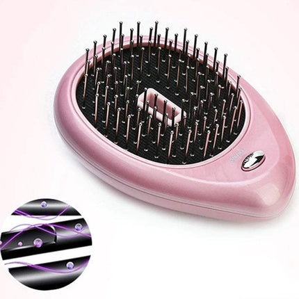 Anti-Static Ionic Vibrating Hair Brush featuring a pink ergonomic design with fine bristles for effortless detangling.