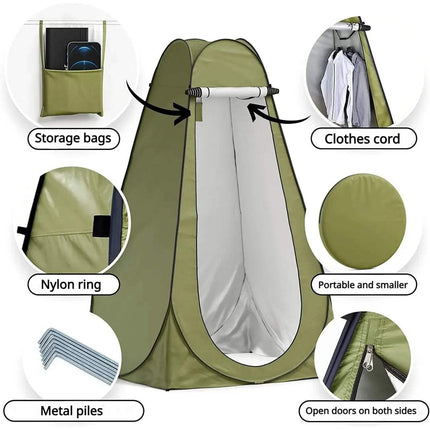 Features of the Pop-Up Privacy Tent, including storage bags, clothes cord, nylon ring, and metal piles.