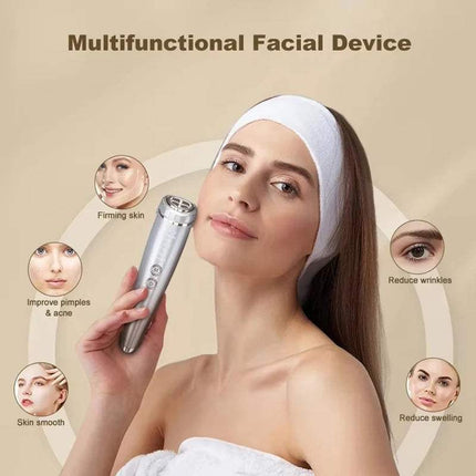 Woman using EMS High Frequency Facial Massager, a multifunctional device for skin tightening and rejuvenation.