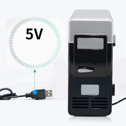 Mini USB Fridge for Beverages & Cans showing 5V USB connection for cooling and warming drinks. - Astoria Lifestyle