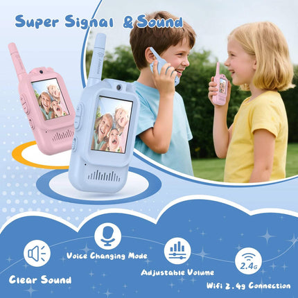 Kids Video Walkie Talkies shown in use by children in a park, highlighting fun communication and video calling. Astoria Lifestyle