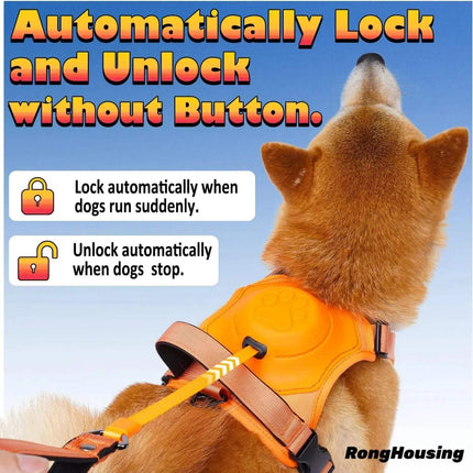 Dog Harness and Automatic Retractable Leash Kit featuring automatic lock and unlock system for safety.