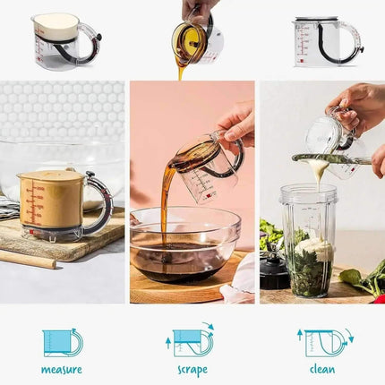 4-in-1 Adjustable Measuring Cup Collage of a measuring cup being used for different purposes on a kitchen counter.