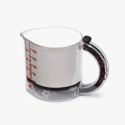 4-in-1 Adjustable Measuring Cup. Clear measuring cup with red measurement markings on a white background