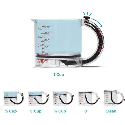 4-in-1 Adjustable Measuring Cup Clear measuring cup with scale and liquid level indicators on a white background